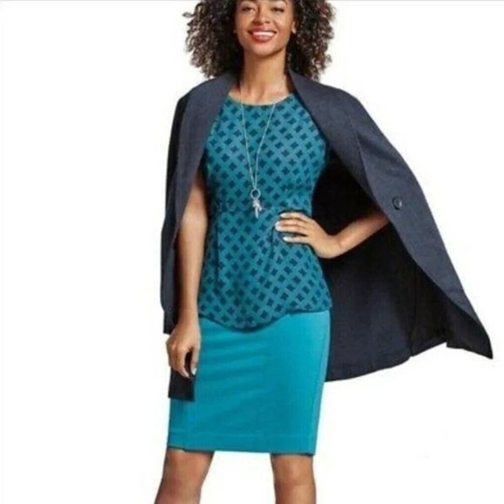 -CAbi #3274 Foulard Blouse Top Womens Med Teal Black Printed Career